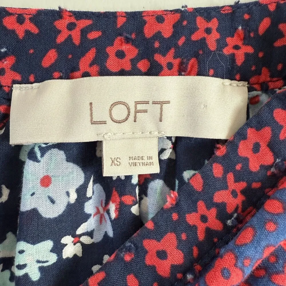 LOFT Women's Puff Sleeve Top Red White Blue Floral 100% Cotton Size XS
